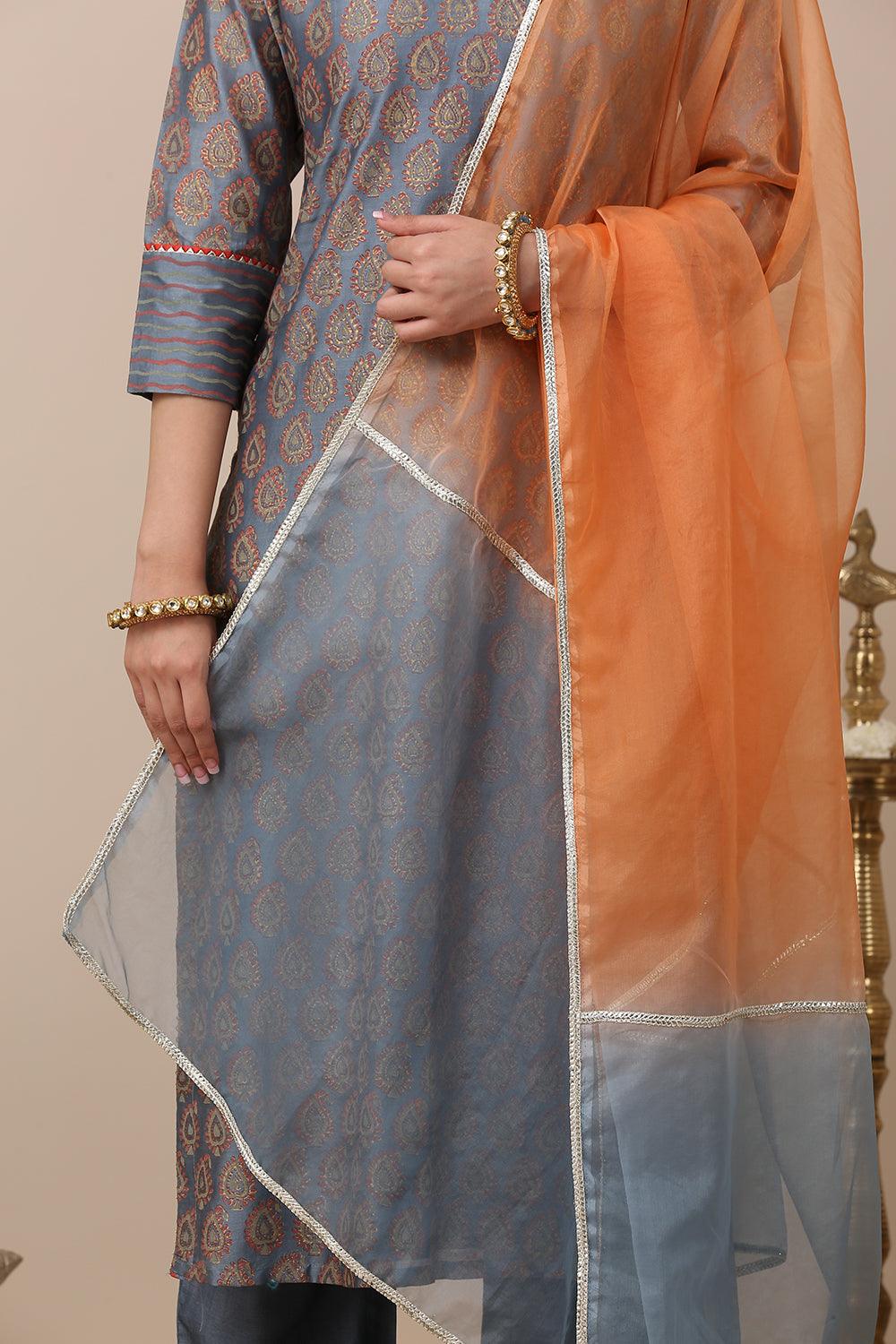 Blue Chanderi Silk Khari Printed Designer Kurta - Set of 3 - Tahiliya