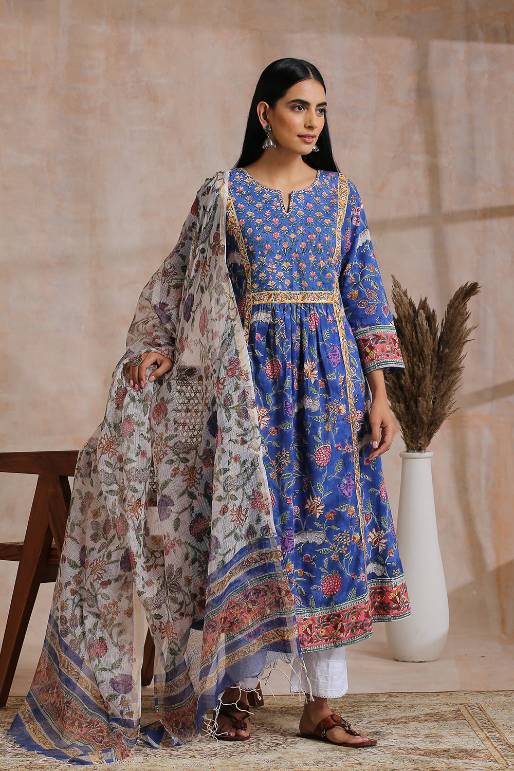 White/Royal Blue Hand Block Printed Kota Doria Dupatta