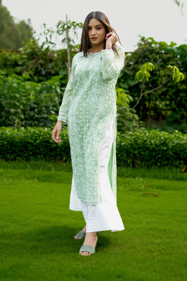 Green Chikankari Mul Cotton Designer Kurta