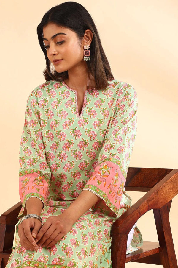 Green-Pink Straight Sanganeri Printed Kurta