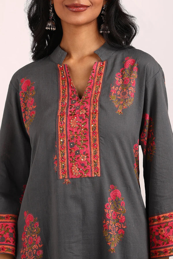 Grey-Pink Straight Sanganeri Kurta