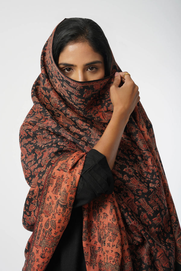 Mughal Story Woven Wool Blend Black & Red Shawl