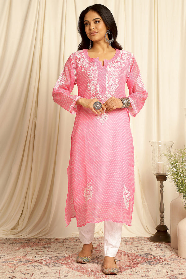 Pink Kota Doria Chikankari Kurta