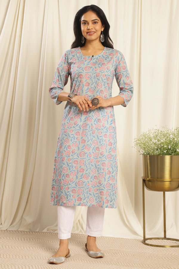 Blue/Pink Cotton Kurta