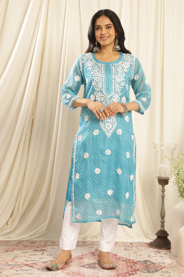 Turquoise Blue Kota Doria Chikankari Kurta