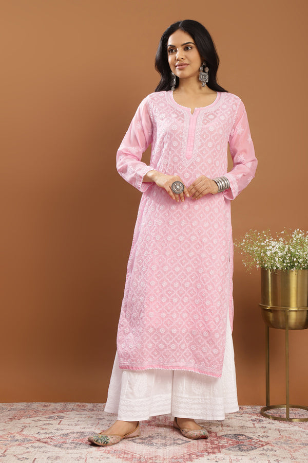 Pink Chikankari Mul Cotton Designer Kurta (with Slip)