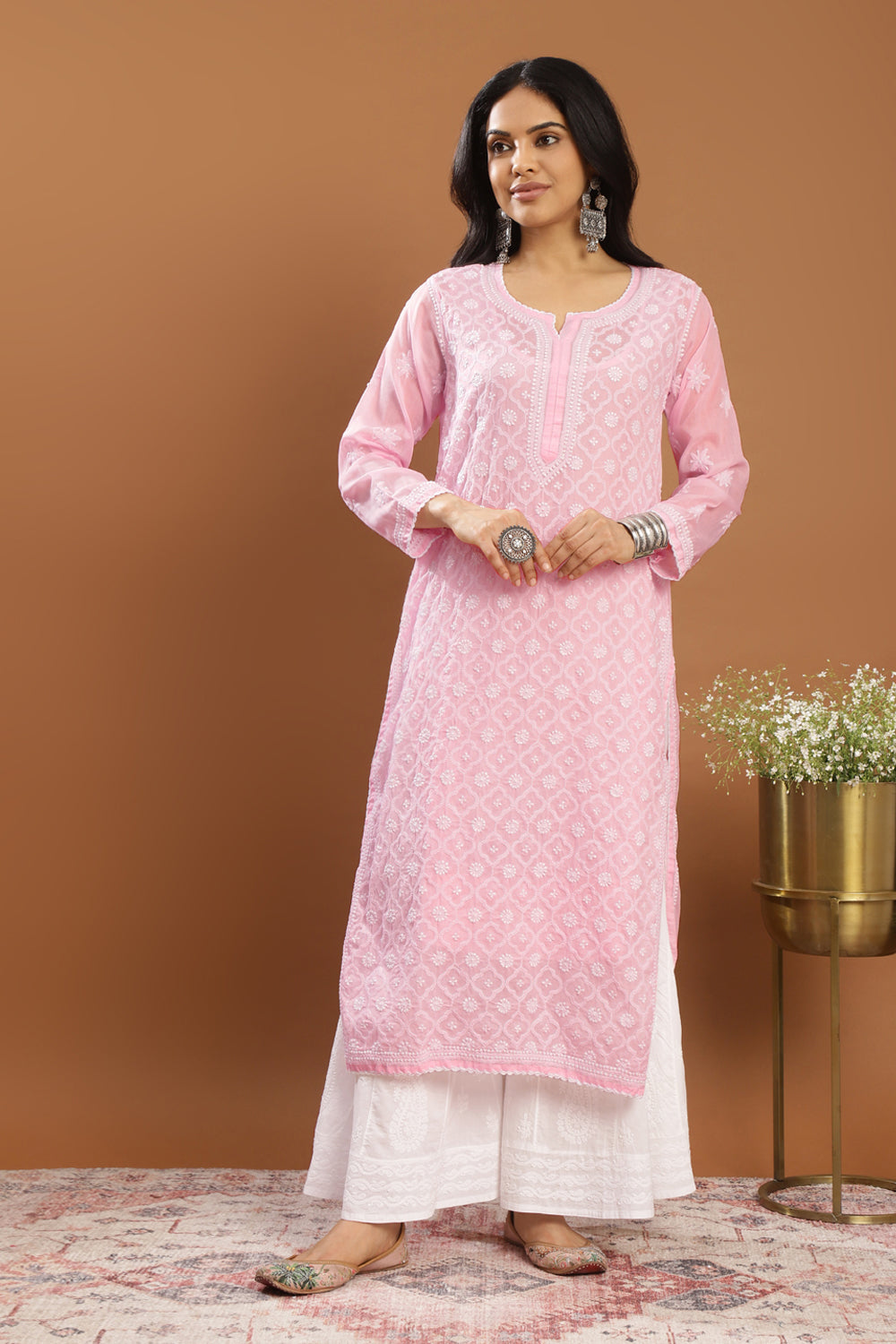 Pink Chikankari Mul Cotton Designer Kurta (with Slip)
