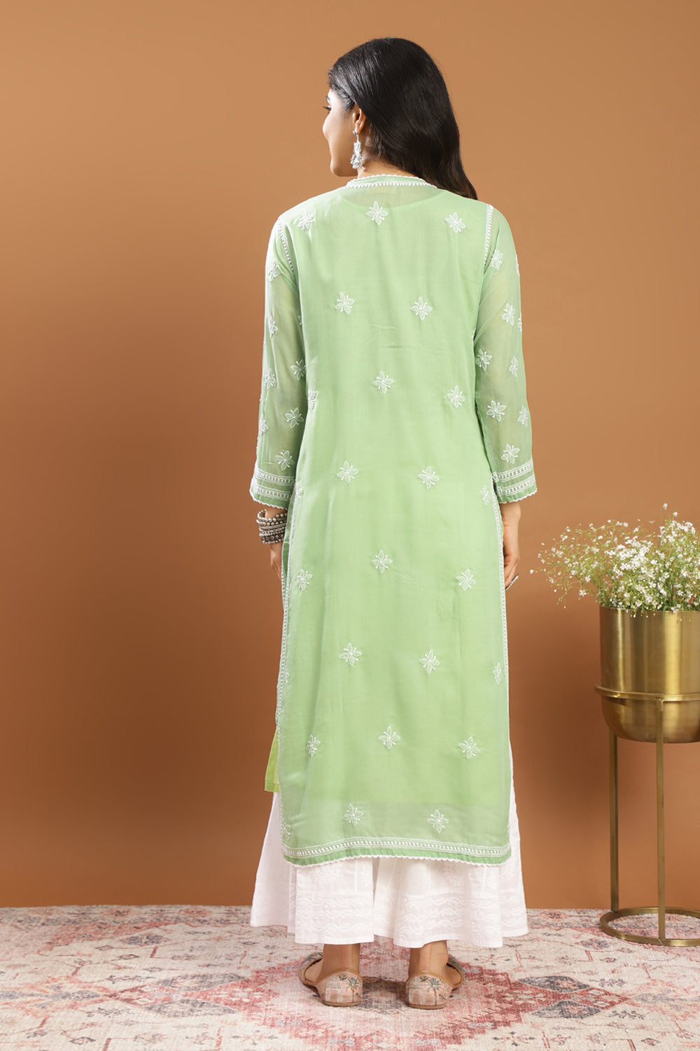 Green Chikankari Mul Cotton Designer Kurta (with Slip)