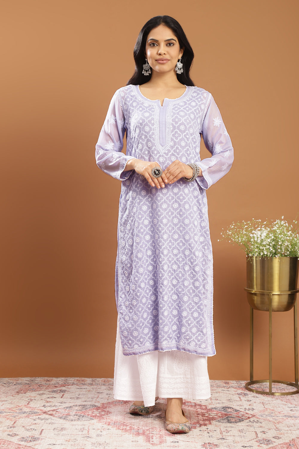 Lavender Chikankari Mul Cotton Designer Kurta (with slip)