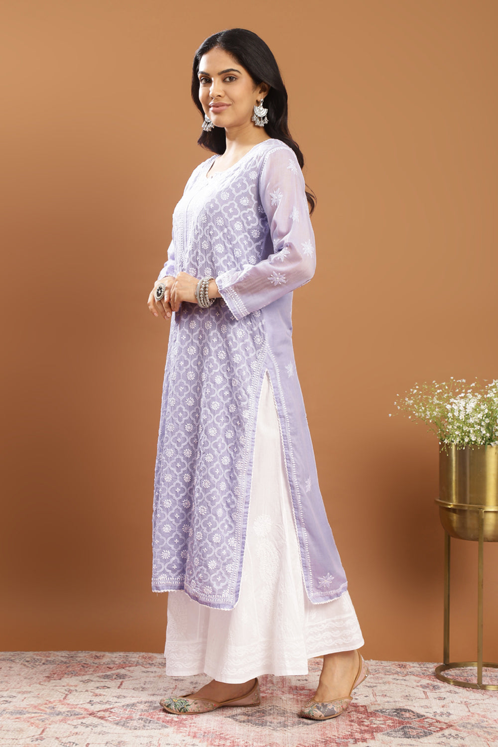 Lavender Chikankari Mul Cotton Designer Kurta (with slip)