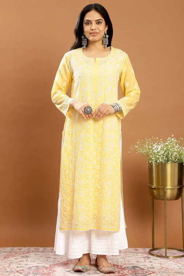 Yellow Chikankari Mul Cotton Designer Kurta (with Slip)