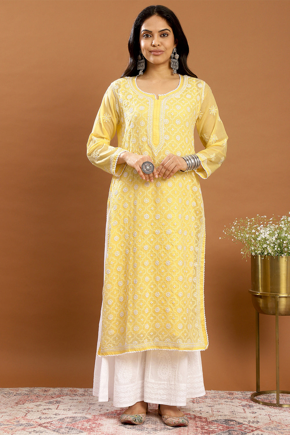Yellow Chikankari Mul Cotton Designer Kurta (with slip)