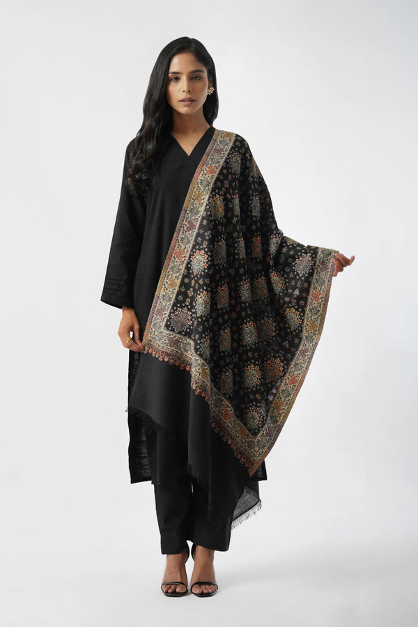 Rajasthani Boota Fine Wool Rich Kani Black Yellow Stole