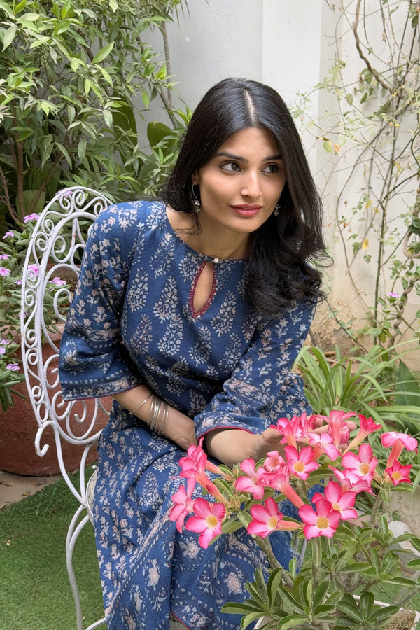 Blue & Red Straight Sanganeri Kurta
