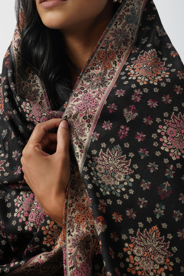 Rajasthani Boota Fine Wool Rich Kani Black Pink Stole