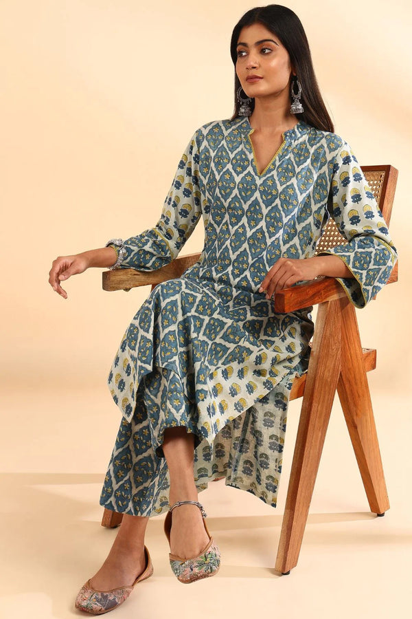 Blue-Yellow Ajrakh Printed Straight Kurta