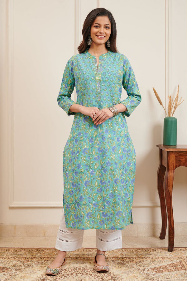 Teal Blue Hand Block Printed Kurta