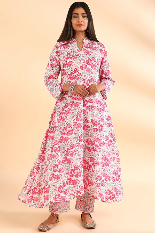 Pink 'A' Line Sanganeri Kurta