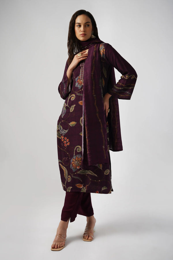 Deep Purple Pure Pashmina Wool Designer Kurta Set with Embroidery