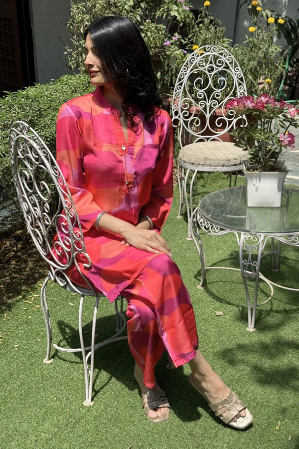 Orange-Pink Digital Printed Modal Co - Ord Set