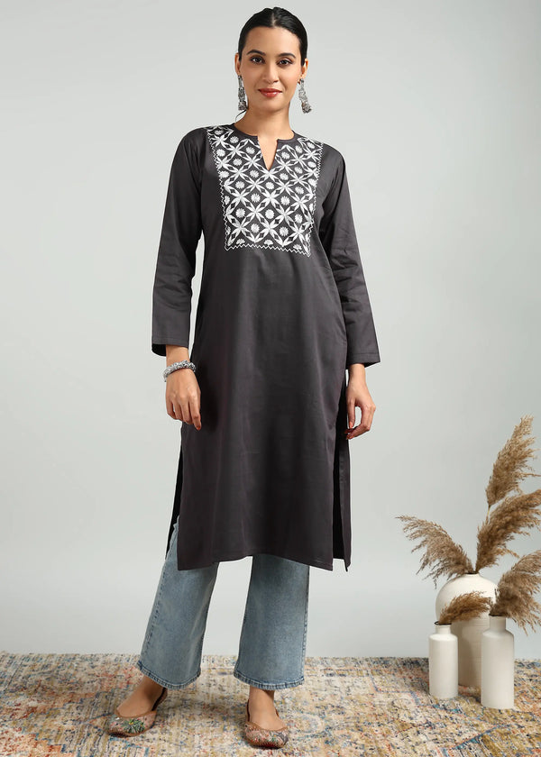 Grey Denim Embroidered Kurta