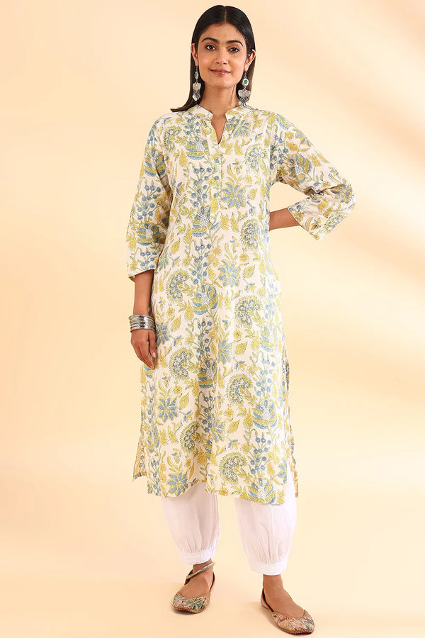 Blue/Yellow Straight Sanganeri Kurta