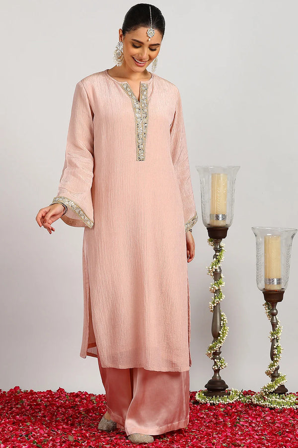 Pink Crinkle Tissue Silk Kurta (Set of 2)