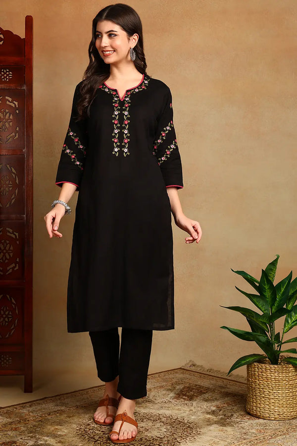 Black Embroidered Flax Linen Kurta