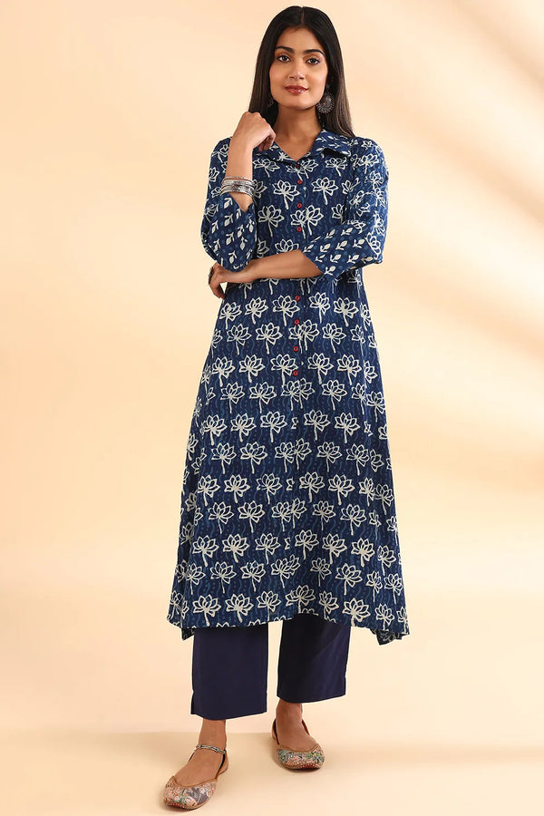 Indigo Blue Daboo Printed Front Open Kurta