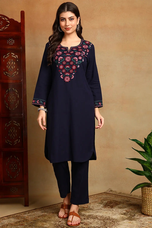 Navy Blue Embroidered Flax Kurta