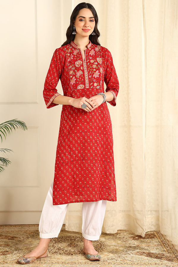 Red/White Sanganeri Straight Kurta