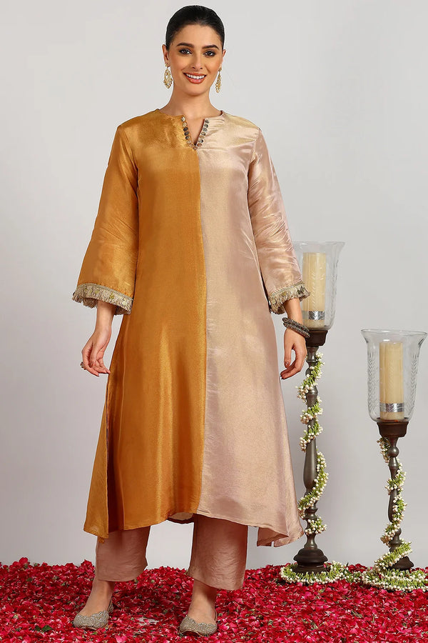 Gold-Beige Tissue Silk Kurta (Set of 2)