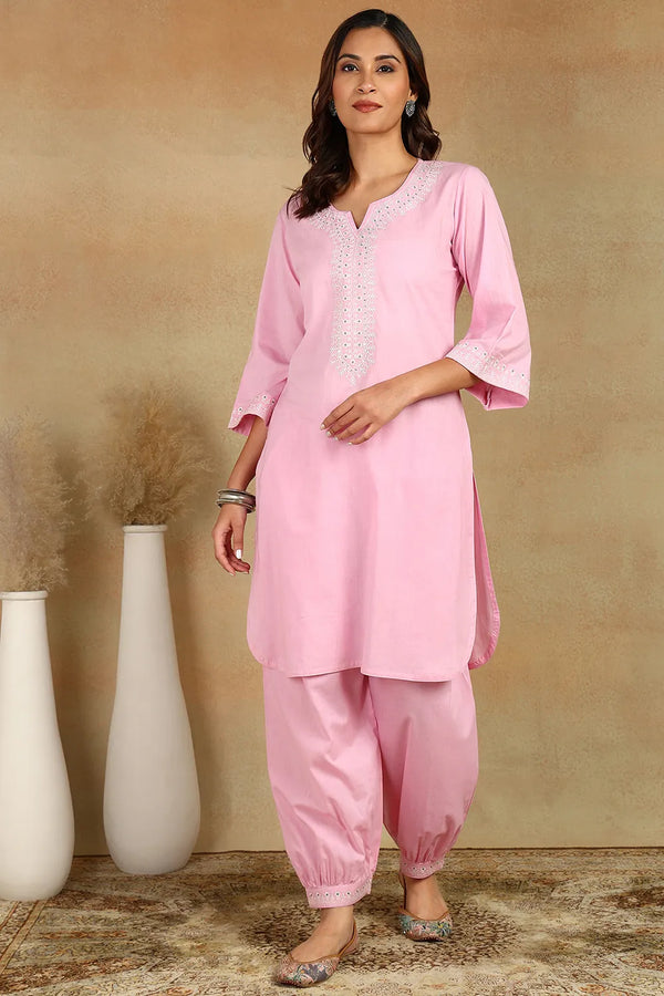 Pink Emroidered Cotton Co-Ord Set