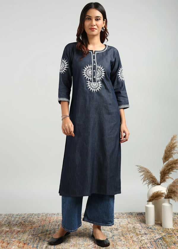 Blue Denim Embroidered Kurta