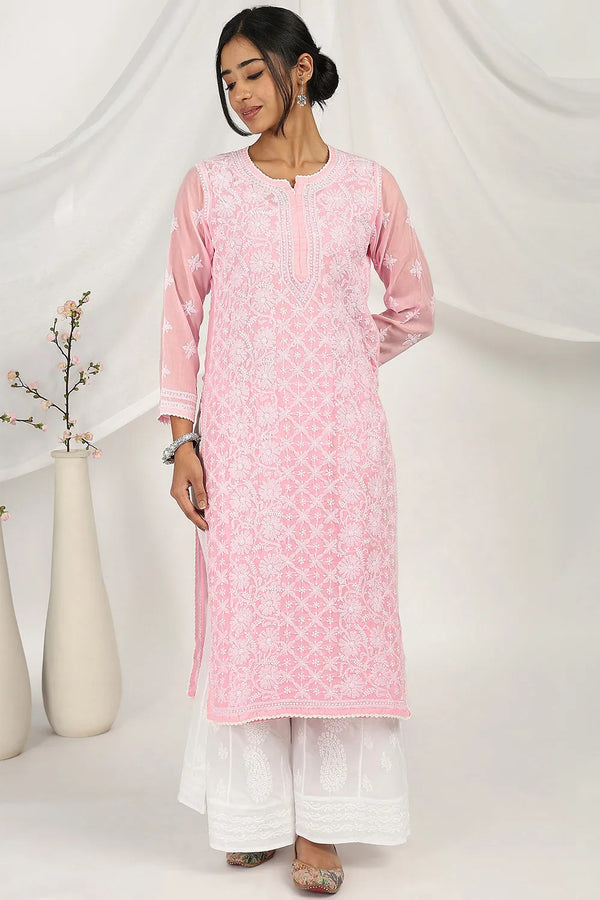 Pink Chikankari Mul Cotton Designer Kurta