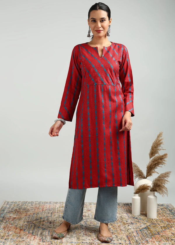 Red Cottswool Embroidered Kurta