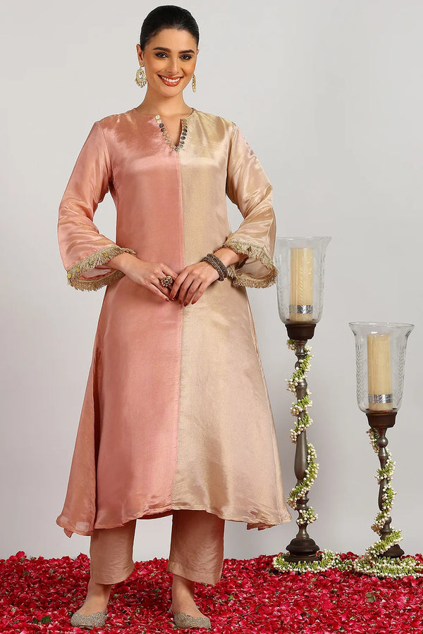 Crimson-Beige Tissue Silk Kurta (Set of 2)