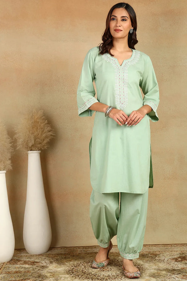 Pista Green Emroidered Cotton Co-Ord Set