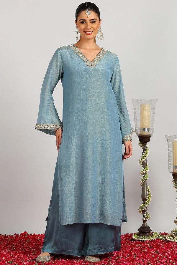 Blue Crinkle Tissue Silk Kurta (Set of 2)