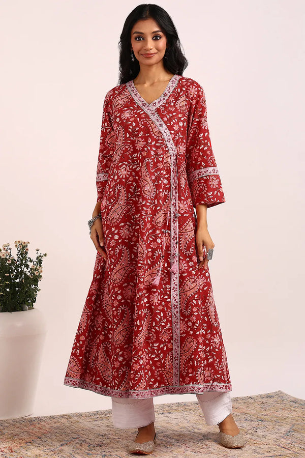 Red-Pink Sanganeri Angrakha Kurta