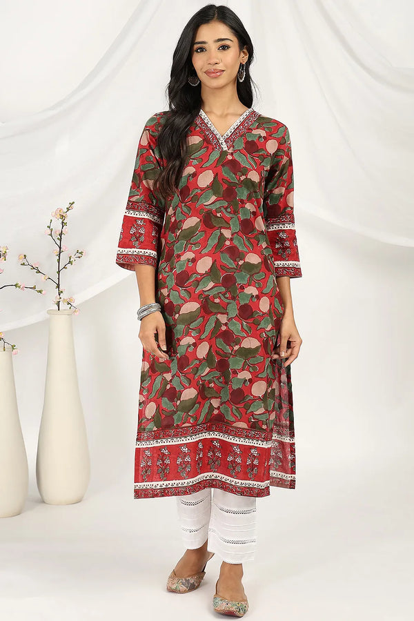 Red-Green Straight Sanganeri Kurta