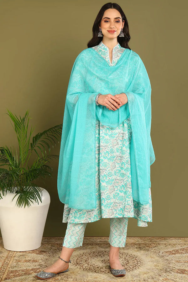 Green Printed A-Line Sanganeri kurta Set of 3