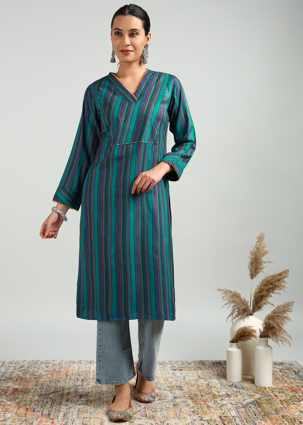 Turqoise Cottswool Embroidered Kurta