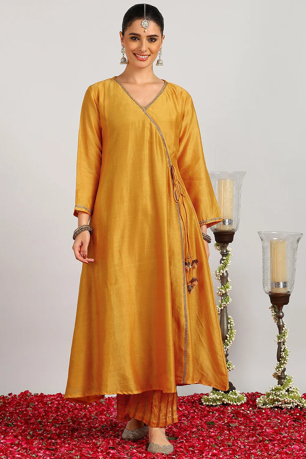 Yellow Chanderi Silk Angrakha Kurta