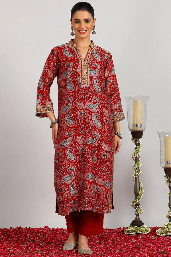 Maroon Chanderi Silk Straight Kurta