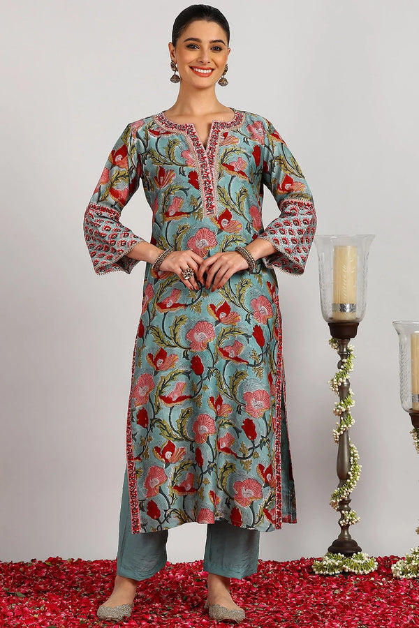 Blue Chanderi Silk Straight Kurta