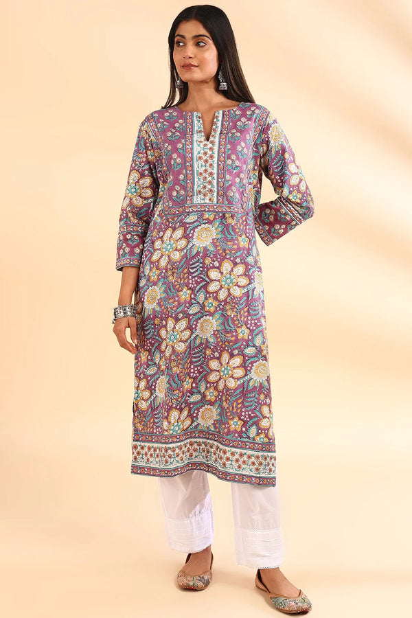 Purple Straight Sanganeri Kurta