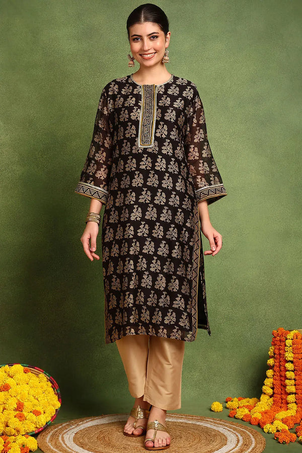 Black Chanderi Silk Kurta