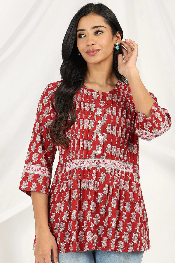 Red & Pink Straight Sanganeri Tunic