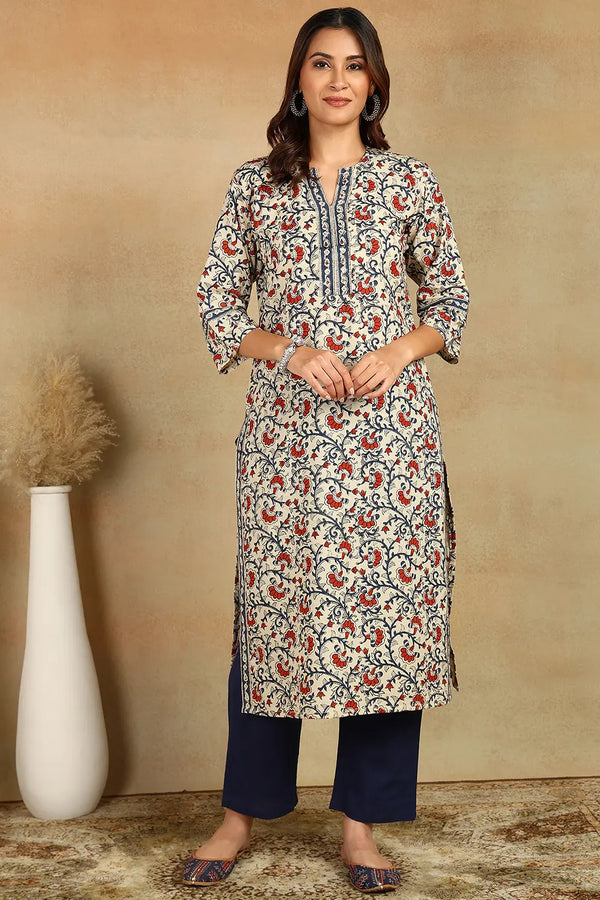 Cream/Maroon Straight Bagru Kurta